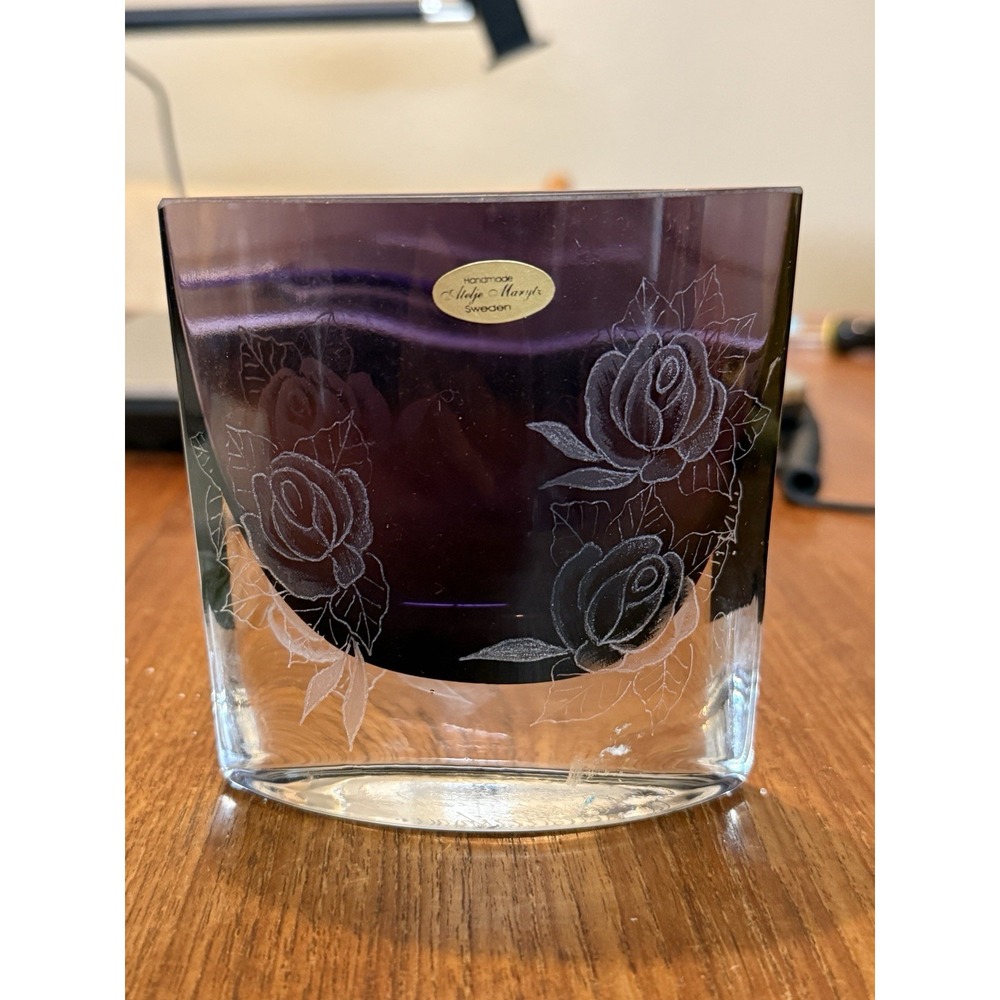 Parzicke Sweden Crystal Vase Hand Engraved Amethyst Floral Signed 4in
